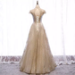 Sparkly A line High Neckline Sequin Gold Long Prom Dresses B032