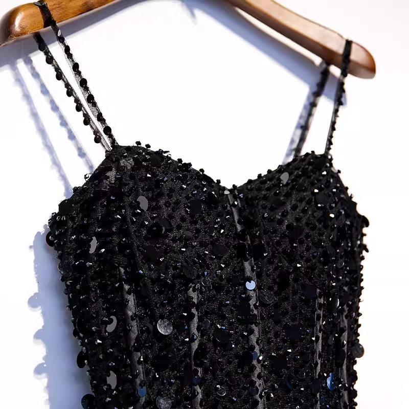 Robe de bal longue noire scintillante, ligne A, bretelles en tulle, perles, B040