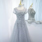 Sparkle A line Scoop Tulle Beads Long Gray Prom Dresses B039