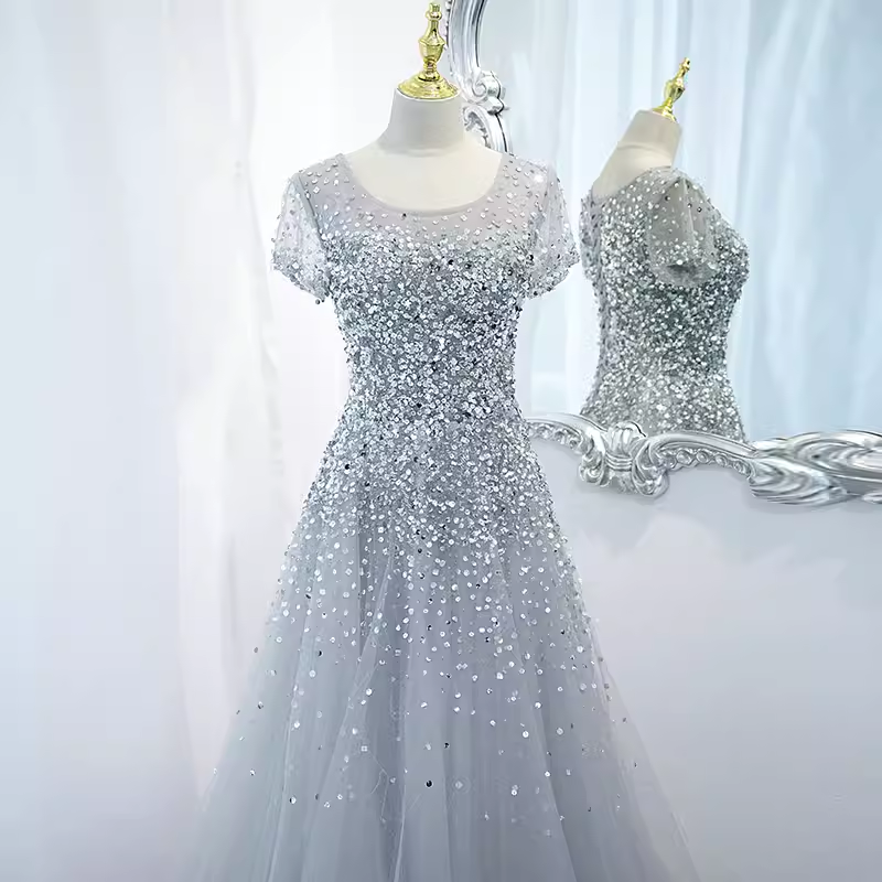 Sparkle A line Scoop Tulle Beads Long Gray Prom Dresses B039