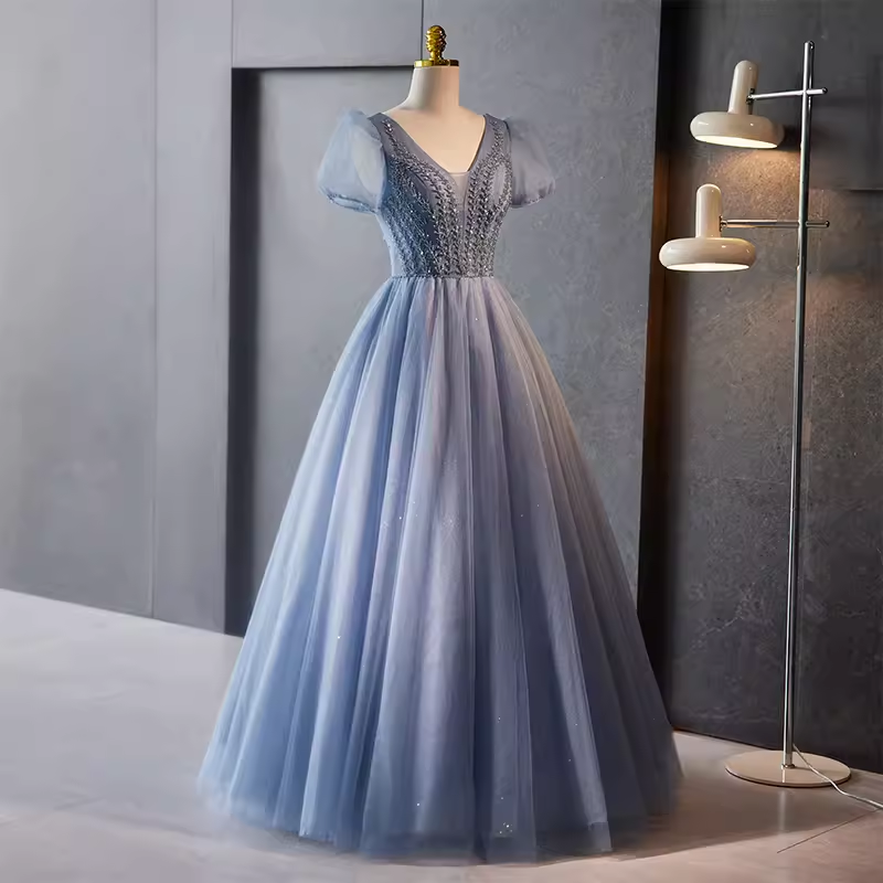 Sparkly A Line Blue Tulle Long Prom Dresses With Beads B046