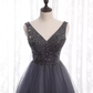 Sparkly A Line Gray Tulle Long Prom Dresses With Beads B047