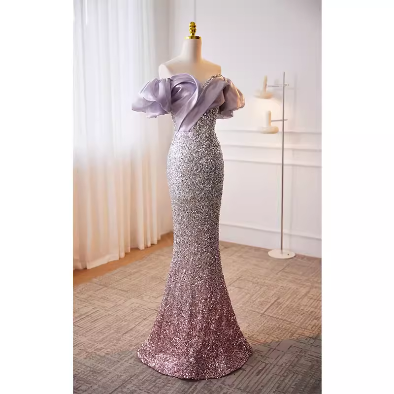 Sirène scintillante sur l'épaule paillettes lilas longues robes de bal B042