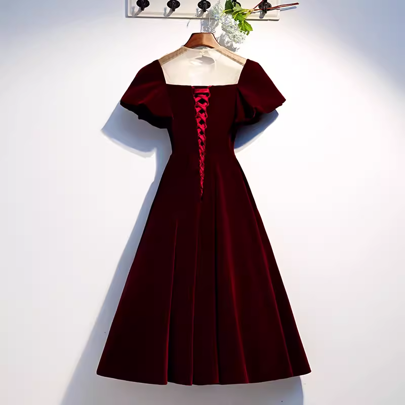 Simple A line Short Sleeves Velvet Red Bridesmaid Dress B041