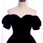 Robe de demoiselle d'honneur noire en velours, ligne A simple, épaules dénudées, B034