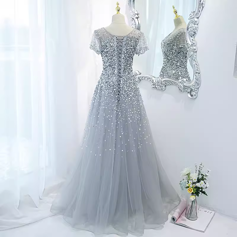 Sparkle A line Scoop Tulle Beads Long Gray Prom Dresses B039