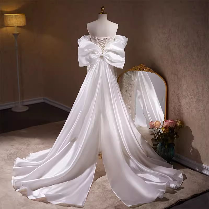 Robes de mariée blanches à paillettes en Tulle, sirène de luxe, avec nœud papillon amovible, B044