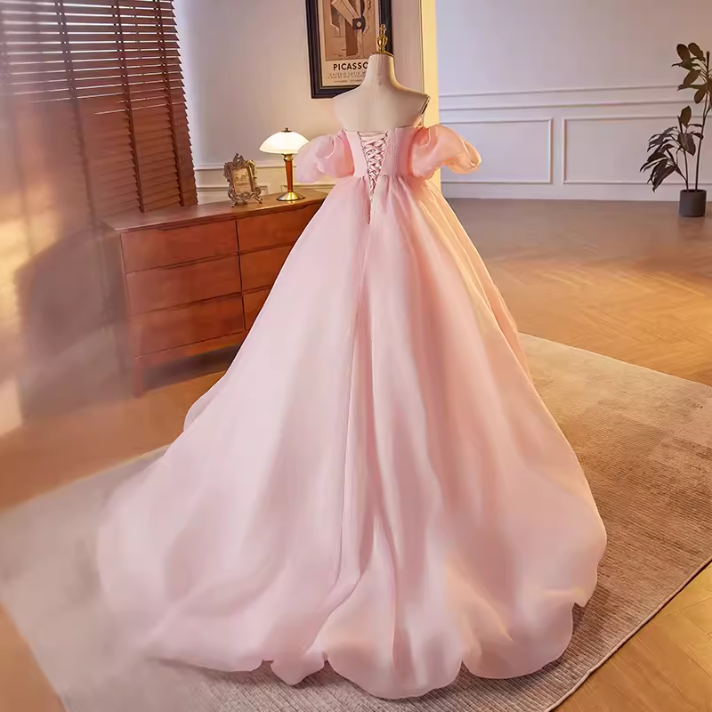 Superbe robe de bal à épaules dénudées en organza rose Sweet 16 robes B043