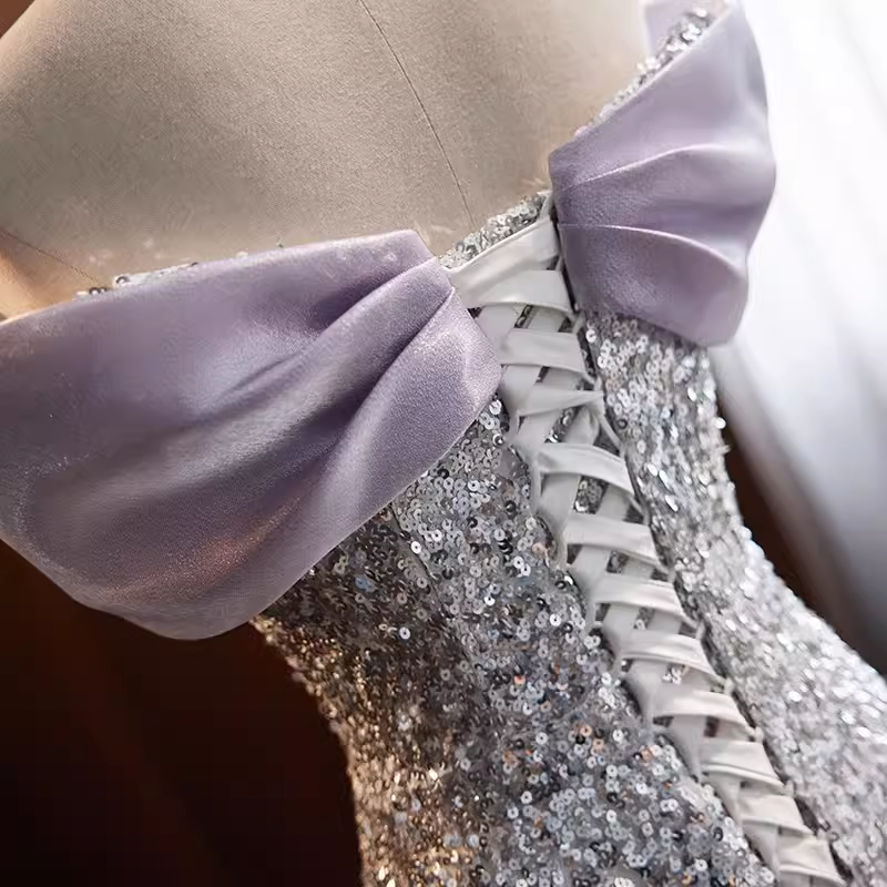 Sirène scintillante sur l'épaule paillettes lilas longues robes de bal B037