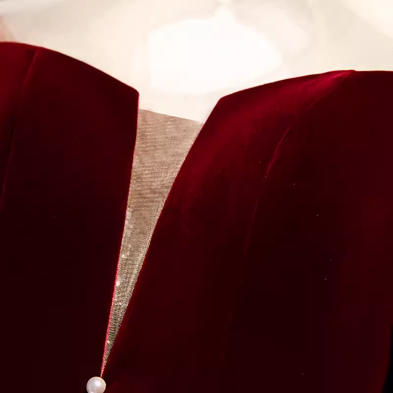 Robe de demoiselle d'honneur rouge en velours, ligne A simple, manches courtes, B041