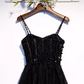Sparkle A line StrapsTulle Beads Long Black Prom Dresses B040