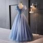 Sparkly A Line Blue Tulle Long Prom Dresses With Beads B046