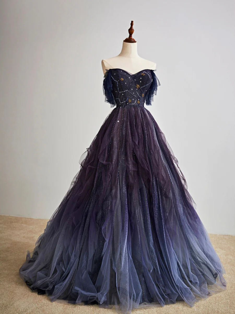 Dark starry sky purple tulle long prom dress purple evening dress BD19 – BlingDress