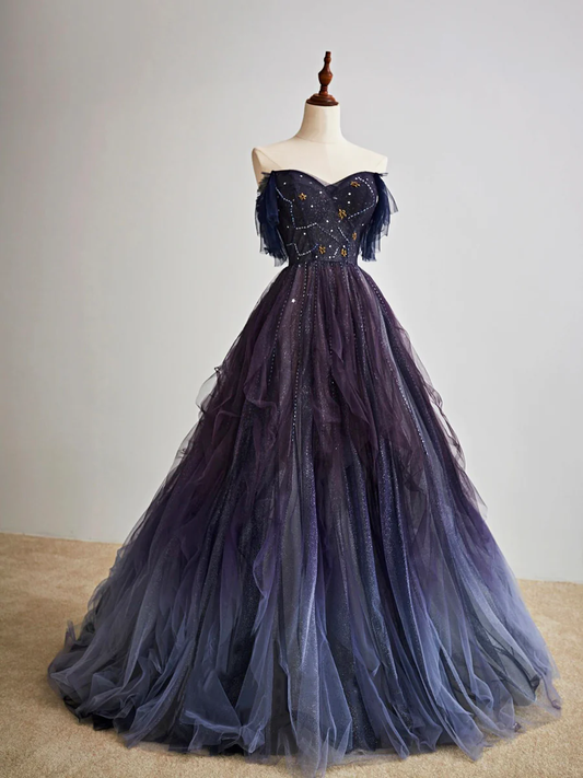 Robe de bal longue en tulle violet ciel étoilé foncé, robe de soirée violette BD19