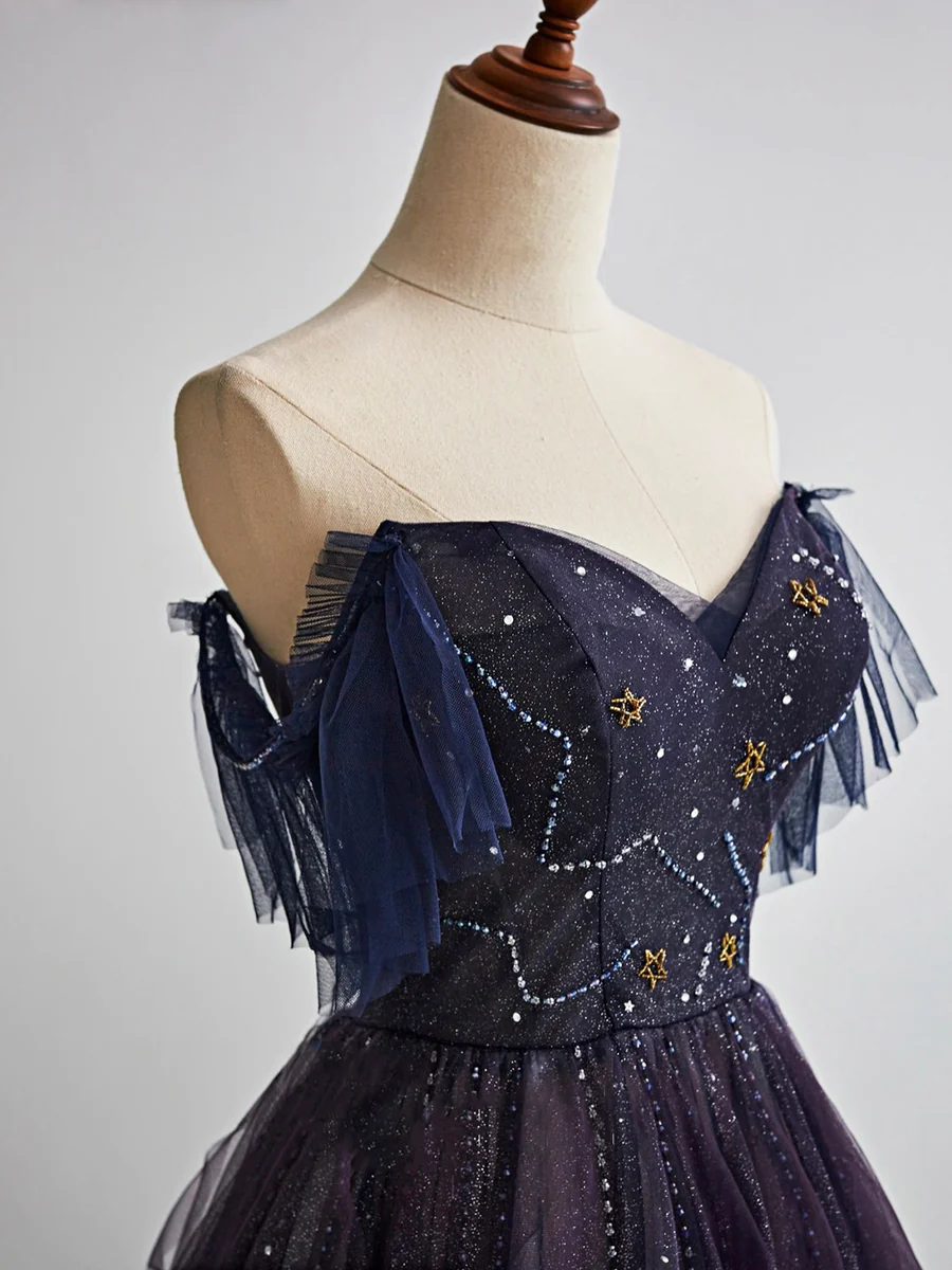 Robe de bal longue en tulle violet ciel étoilé foncé, robe de soirée violette BD19