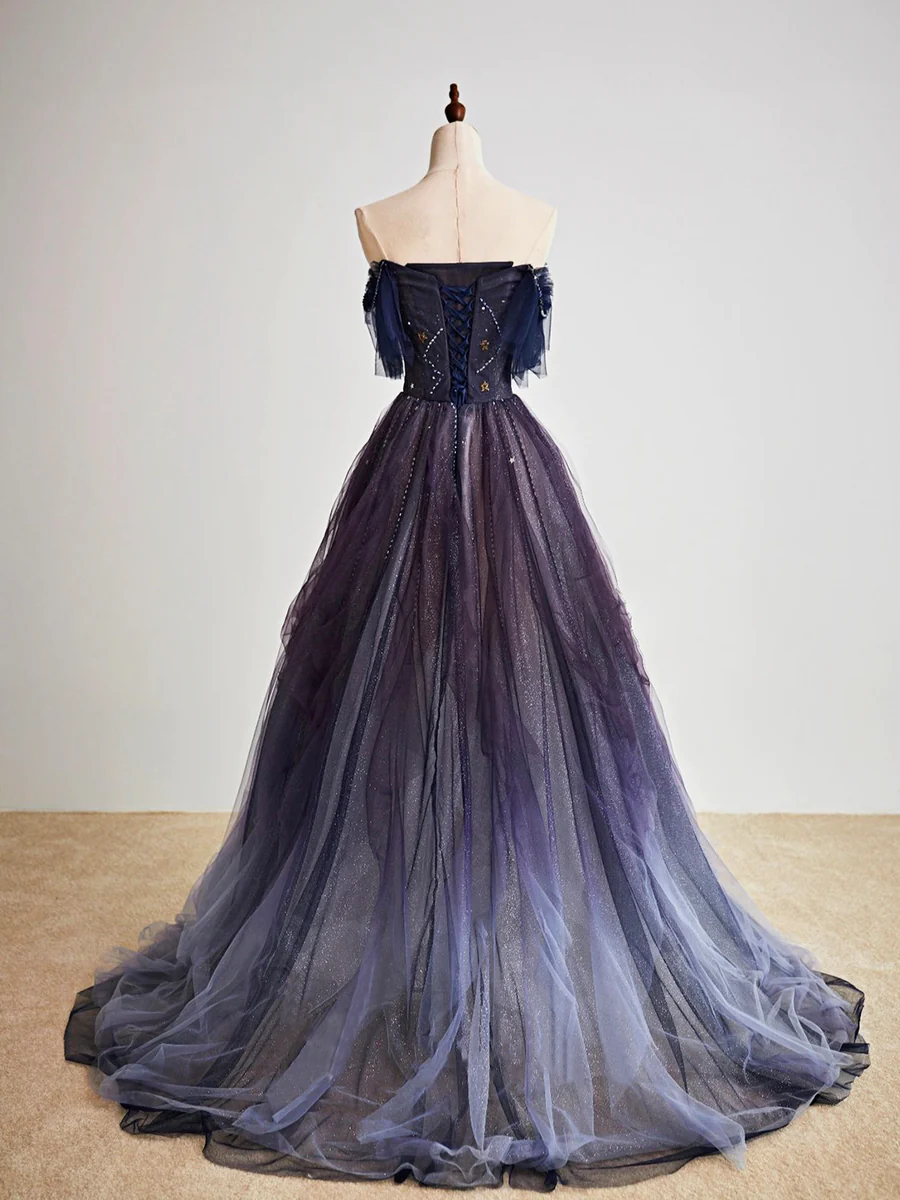 Robe de bal longue en tulle violet ciel étoilé foncé, robe de soirée violette BD19