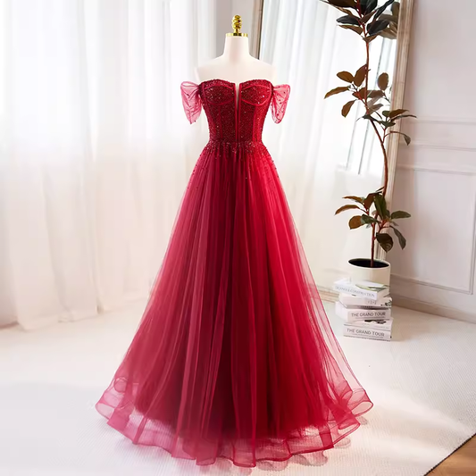 Robe de bal longue rouge en Tulle, ligne A modeste, épaules dénudées, B125