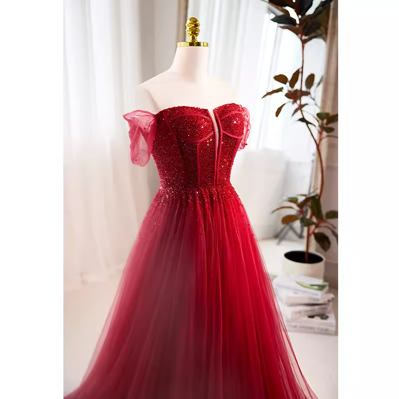 Modest A line Off The Shoulder Tulle Long Red Prom Dress B125