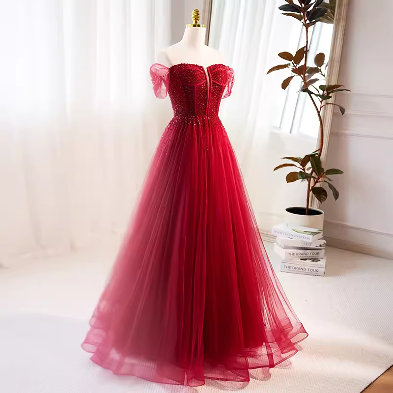 Modest A line Off The Shoulder Tulle Long Red Prom Dress B125