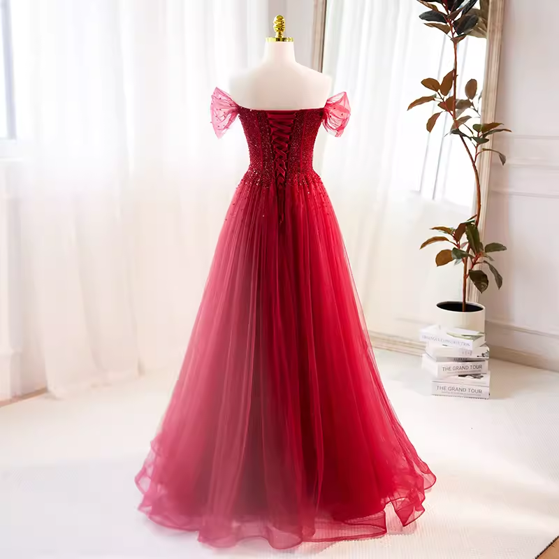 Modest A line Off The Shoulder Tulle Long Red Prom Dress B125