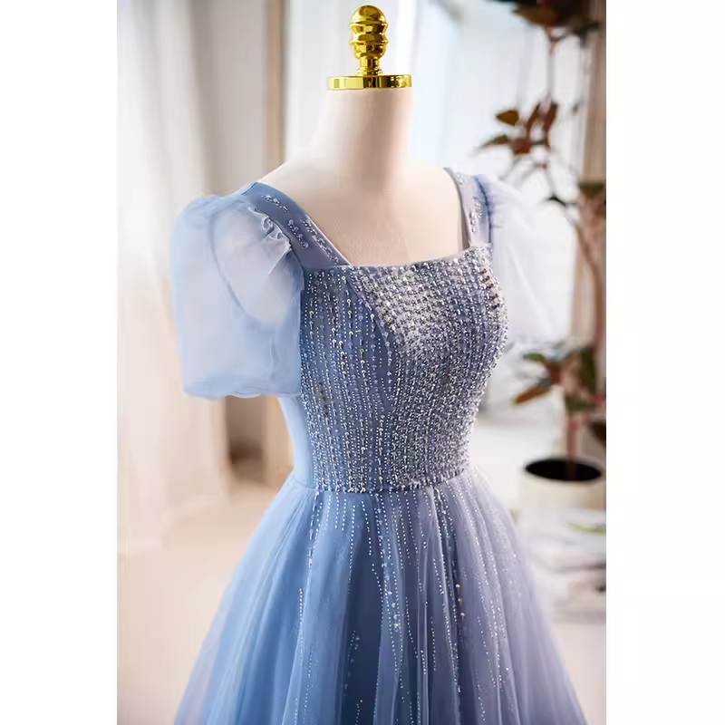 A line Short Sleeves Long Tulle Blue Prom Dress B126