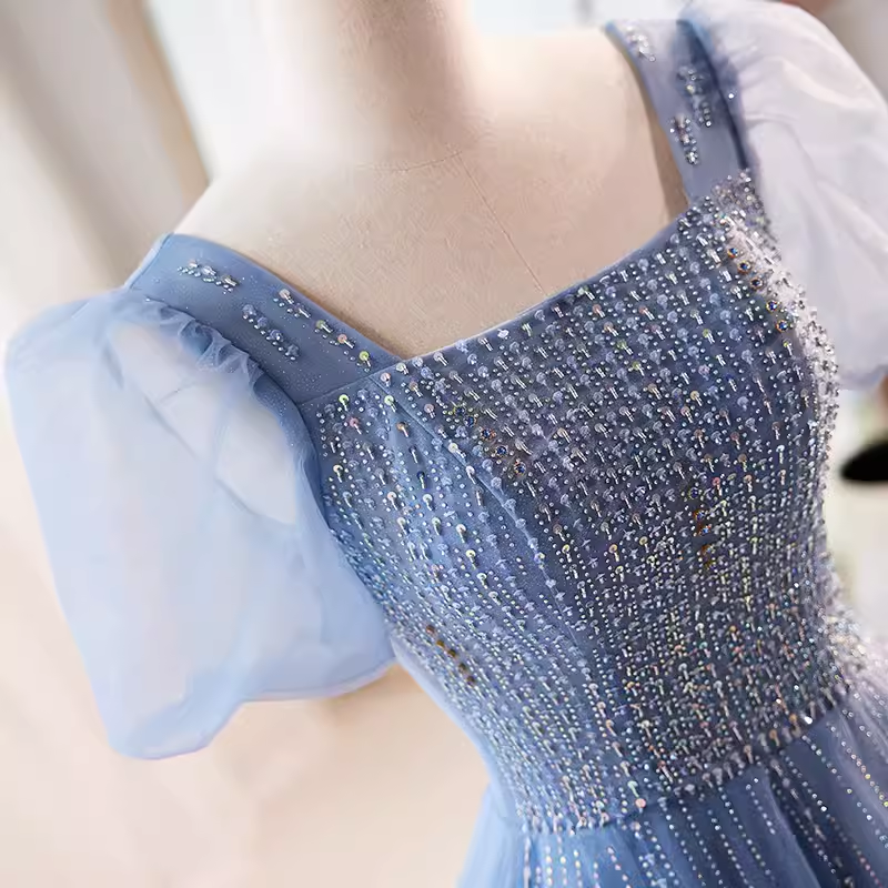 A line Short Sleeves Long Tulle Blue Prom Dress B126