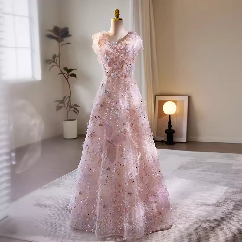 Modest A line Straps Tulle Long Pink Prom Dress B127