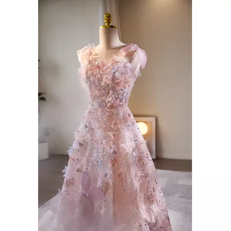 Modest A line Straps Tulle Long Pink Prom Dress B127
