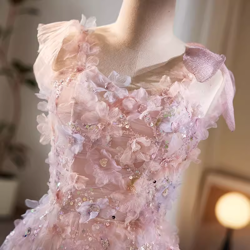 Modest A line Straps Tulle Long Pink Prom Dress B127