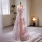 Modest A line Straps Tulle Long Pink Prom Dress B127