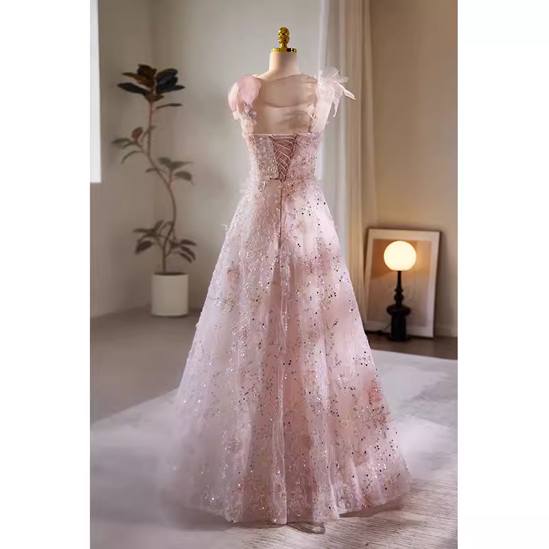 Modest A line Straps Tulle Long Pink Prom Dress B127