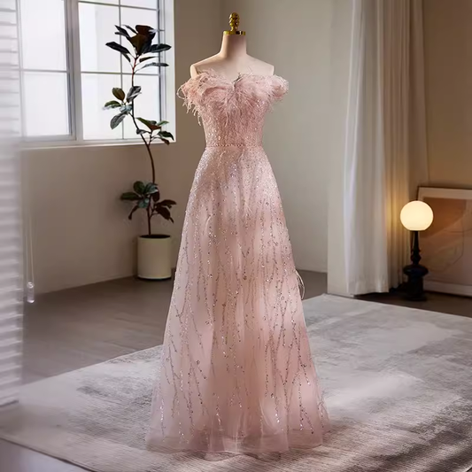 Robe de bal longue en Tulle rose, ligne A, épaules dénudées, modeste, B128