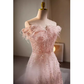 Robe de bal longue en Tulle rose, ligne A, épaules dénudées, modeste, B128