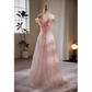 Modest A line Off The Shoulder Tulle Long Pink Prom Dress B128