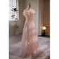 Modest A line Off The Shoulder Tulle Long Pink Prom Dress B128