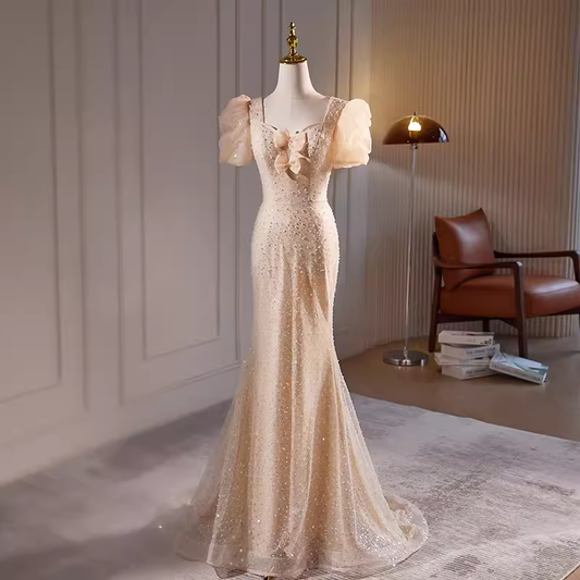 Robe de bal longue sirène scintillante à paillettes champagne B131