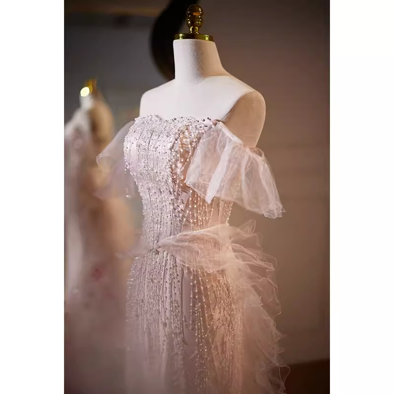 Robe de bal de luxe sirène sans bretelles en Tulle avec perles rose longue B135