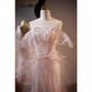 Luxury Mermaid Strapless Tulle Pearls Long Pink Prom Dress B135