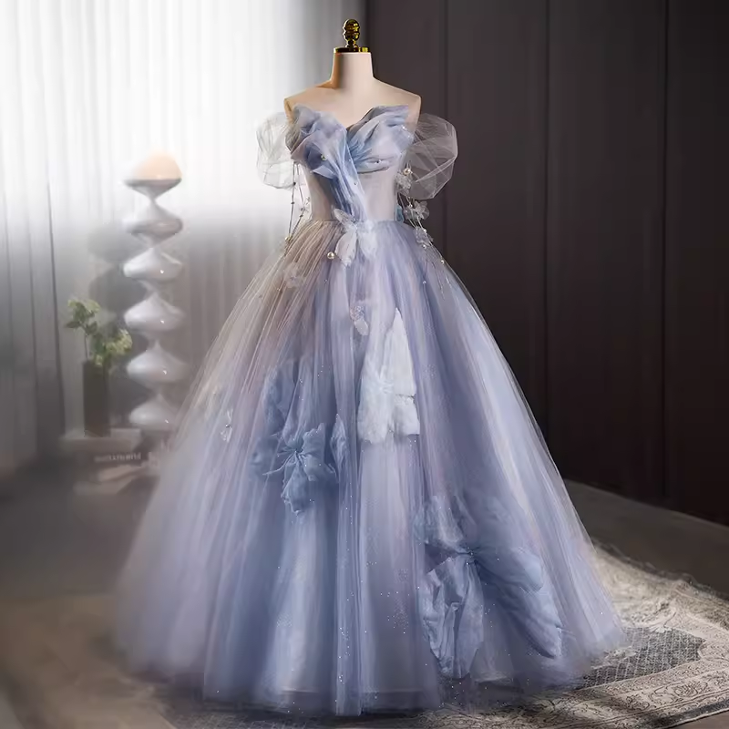 Vintage Ball Gown Strapless Tulle Blue Sweet 16 Dresses B136