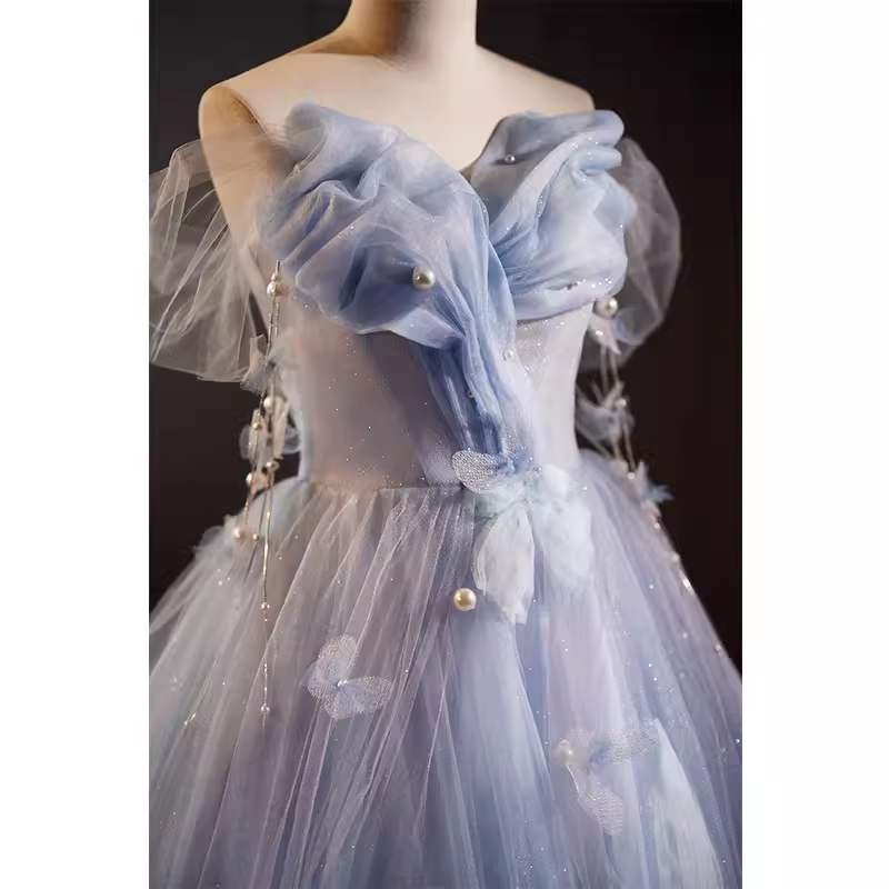 Robe de bal vintage sans bretelles en tulle bleu doux 16 robes B136