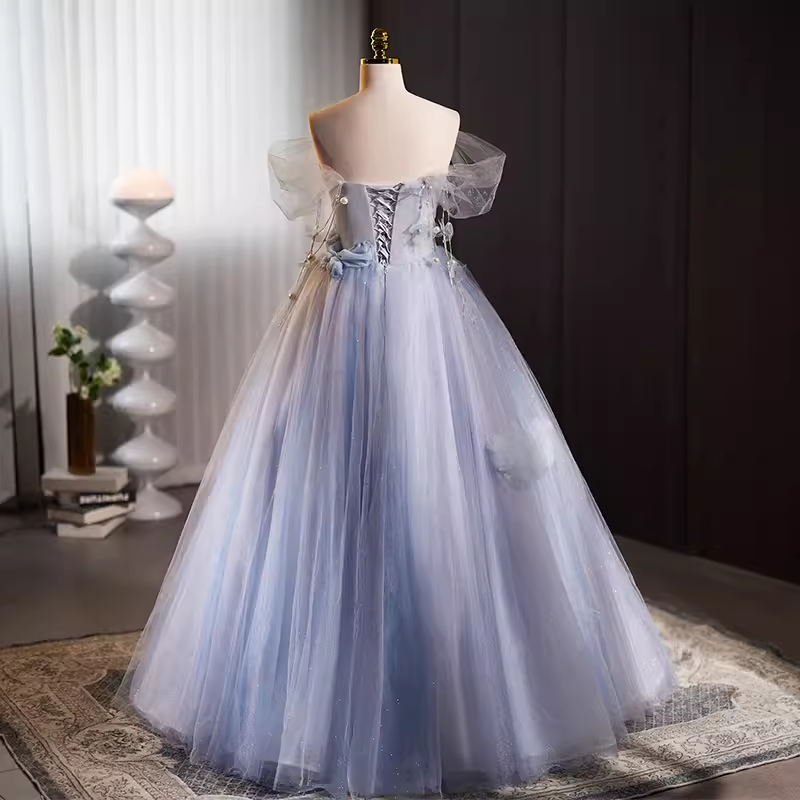 Vintage Ball Gown Strapless Tulle Blue Sweet 16 Dresses B136