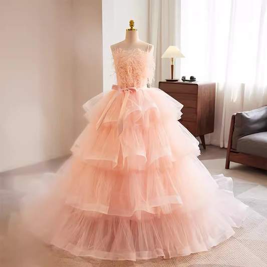 Vintage Ball Gown Straps Tulle Pink Sweet 16 Dresses B137