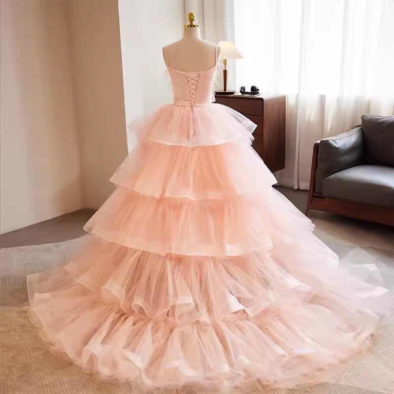 Vintage Ball Gown Straps Tulle Pink Sweet 16 Dresses B137