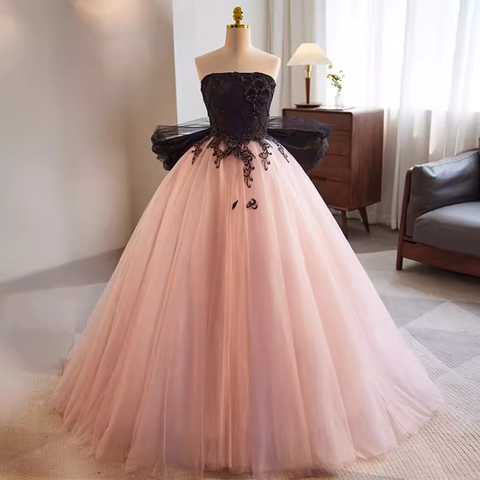 Vintage Ball Gown Strapless Tulle White Pink Sweet 16 Dresses B139