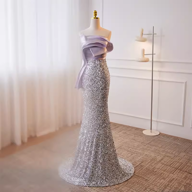 Luxury Mermaid Strapless Long Sequin Lilac Prom Dress B143