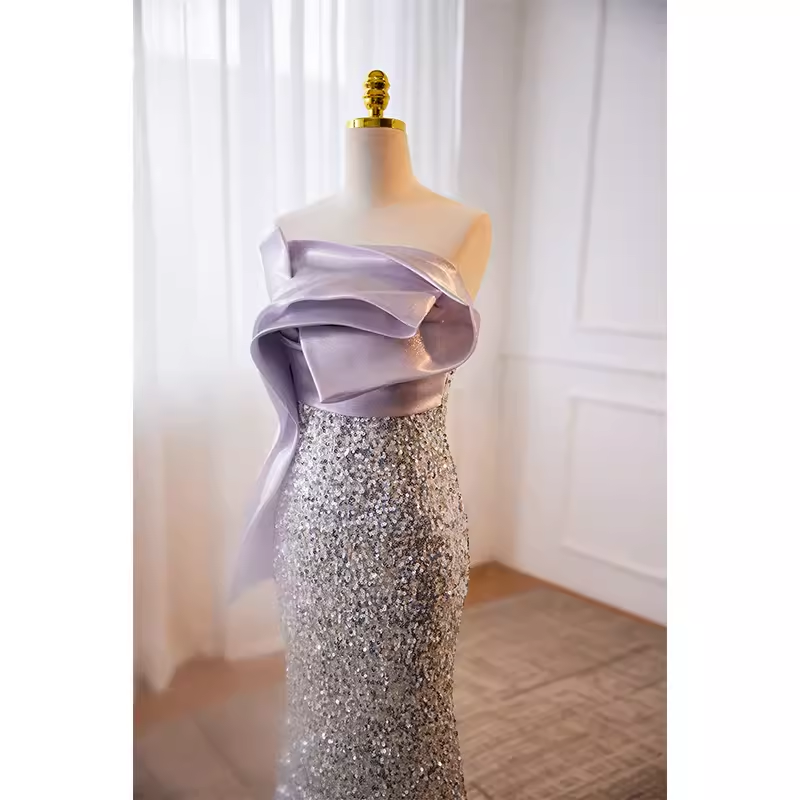 Luxury Mermaid Strapless Long Sequin Lilac Prom Dress B143
