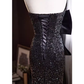 Robe de bal noire longue à paillettes, sirène de luxe, sans bretelles, B148