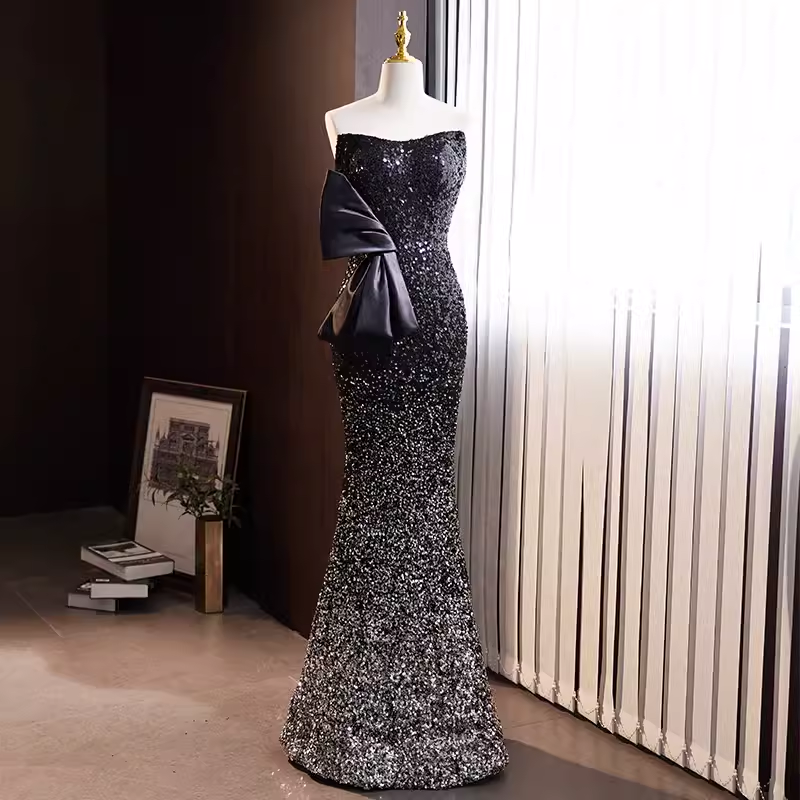 Luxury Mermaid Strapless Long Sequin Black Prom Dress B148