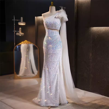 Luxury Mermaid One Shoulder Long Sequin White Prom Dress B149