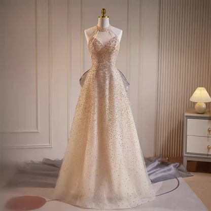 Luxury A line High Neckline Long Sequin Champagne Prom Dress B150